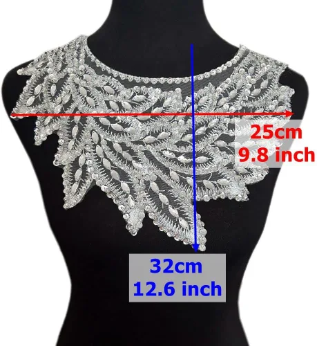 Vista 5 de Cuentas de costura de encaje, apliques de diamantes de imitación, parches de ajuste, accesorios para vestido y ropa, escote (blanco)