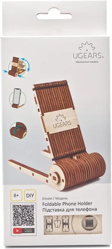 Vista 2 de UGEARS Soporte plegable ajustable para teléfono, compatible con teléfonos inteligentes y tabletas, soporte móvil de madera hecho a mano, perfecto