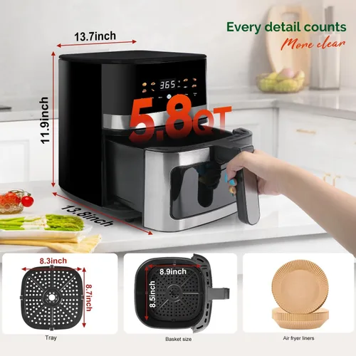 Vista 8 de Freidora de aire digital de 5.8QT con ventana visible, temperatura y temporizador ajustables, fritura al aire, recalentamiento, fácil para alimentos