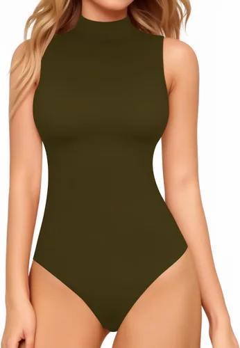 Vista 17 de MANGOPOP - Body de cuello de tortuga simulado sin mangas para mujer, leotardo de camiseta sin mangas 01 Negro