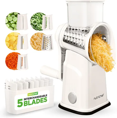 Vista 10 de NutriChef Rallador y triturador de queso 5 en 1 5 cuchillas diferentes para tiras finas, gruesas, en juliana, onduladas y rectas Incluye