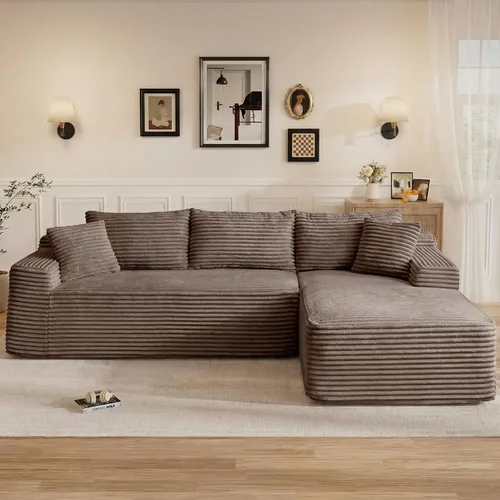 Vista 17 de Sofás seccionales sin hueso en forma de L de 108 pulgadas para sala de estar, moderno y cómodo sofá modular de pana comprimida de espuma