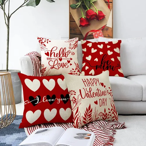 Vista 4 de Fahrendom Juego de 4 fundas de almohada decorativas con diseño de corazones de amor para el día de San Valentín, 20 x 20 pulgadas, diseño de flechas