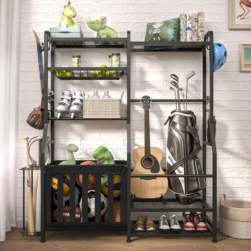 Vista 2 de Faesun Organizador de equipos deportivos de garaje, estante de almacenamiento para bolsas de golf, soporte de pelota resistente con cesta y ganchos