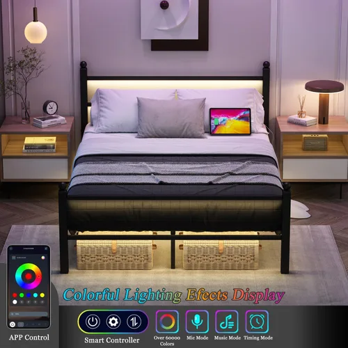 Vista 3 de Jenmit - Estructura de cama de tamaño completo con estación de carga y luces LED, estructura de cama de plataforma metálica con cabecera y pie