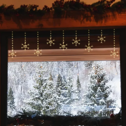 Vista 6 de Kingdder - Cadena de luces de copos de nieve de Navidad, luces de cortina de copos de nieve de 16.4 pies / 5 m, 325 LED, cadena de luces