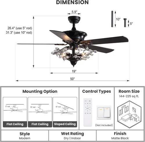 Vista 7 de Moderno ventilador de techo de cristal con control remoto para dormitorio, sala de estar (negro, 2, 50 pulgadas)