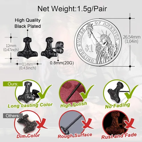 Vista 4 de FaithHeart Norse Vikingo Jewelry - Aretes de tuerca de plata de ley de acero inoxidable, lobo celtamartillo de Thors para mujeres y hombres, Acero