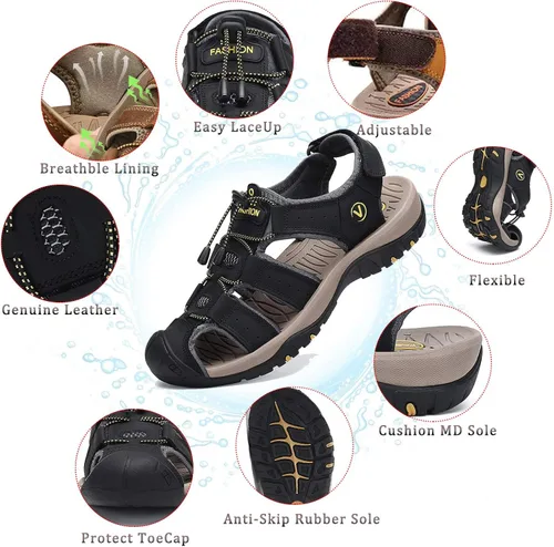 Vista 3 de FLARUT - Sandalias deportivas para hombre, sandalias para senderismo y exteriores, diseño informal de cuero con punta cerrada, sandalias atléticas