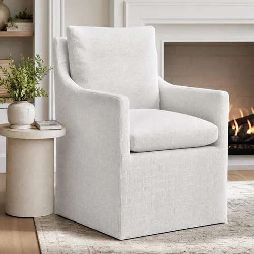 Vista 9 de DUHOME Silla de comedor tapizada, silla decorativa de lino para sala de estar, sofá individual con 4 ruedas, sillón tapizado para dormitorio