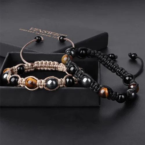 Vista 5 de Pulsera de triple protección, pulsera de cuentas de obsidiana negra y hematita genuina con ojo de tigre para hombres y mujeres, pulseras curativas