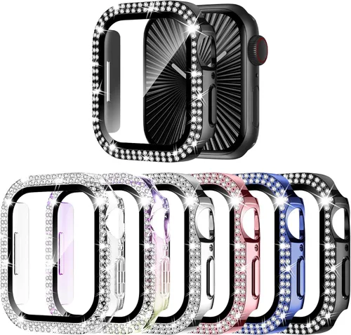 Vista 8 de Adepoy Funda para Apple Watch de 38 mm Serie 3/2/1 con protector de pantalla de vidrio templado, doble Bling Case Crystal Diamonds Bumper Total Hard