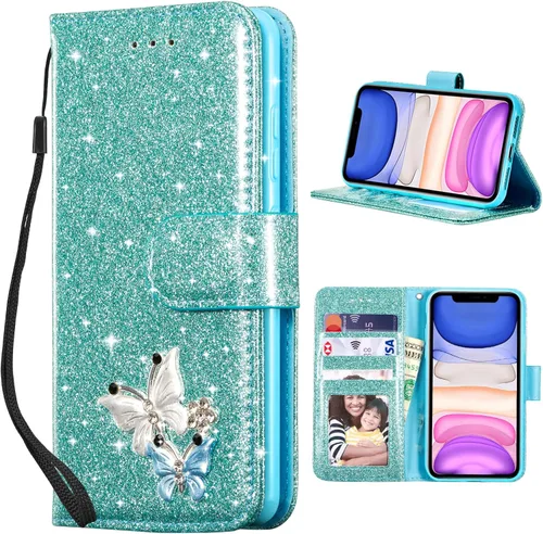 Vista 22 de UEEBAI Funda tipo cartera para iPhone 11, funda de piel sintética con purpurina para teléfono, ranuras para tarjetas, funda con función atril Negro