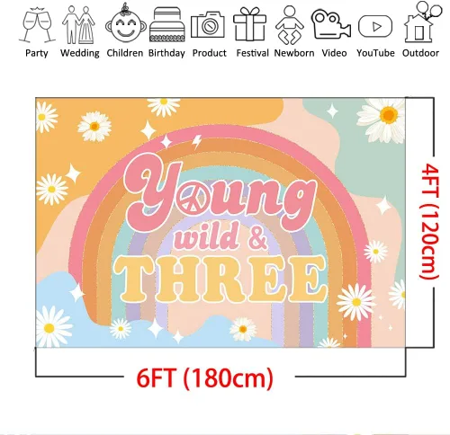 Vista 4 de Mocsicka Groovy Three - Fondo de 3 con texto en inglés "Young Wlid and Three Boho Rainbow Girls" para cumpleaños de tercer cumpleaños, diseño