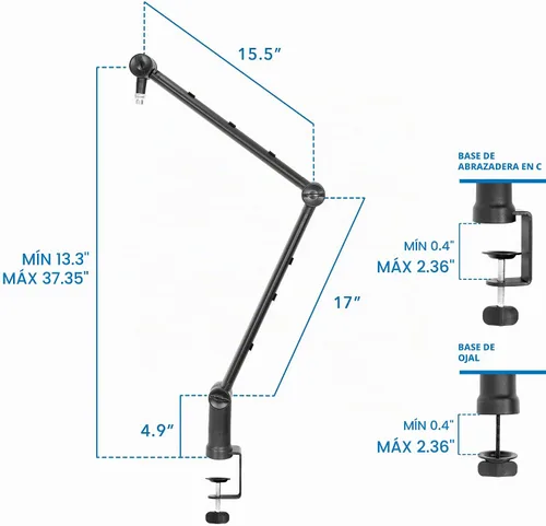 Vista 5 de MOUNT-IT! Brazo de boom ajustable para micrófono [Adaptador de tornillo de 3/8’’ a 5/8’’] Soporte de micrófono de tijera en suspensión, montaje