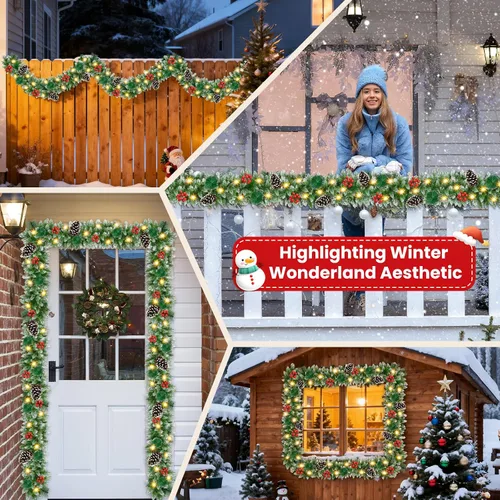 Vista 9 de Guirnalda de Navidad con luces de 9 pies, guirnalda de Navidad artificial de 250 piezas de ratán verde, decoración artificial para escaleras, pared