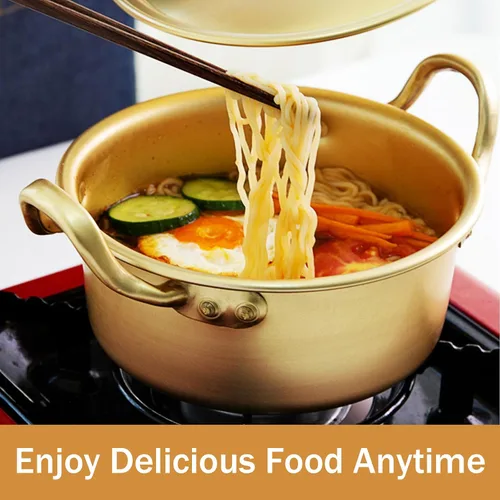 Vista 8 de Olla de fideos ramen coreanos, utensilios de cocina de fideos ramen, aluminio amarillo, antiadherente, tradicional coreano, cuenco de cocción rápida