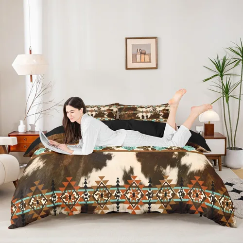 Vista 5 de Erosebridal Funda de edredón de piel de vaca marrón con estampado de vaca de las tierras altas, juego de ropa de cama occidental exótico azteca