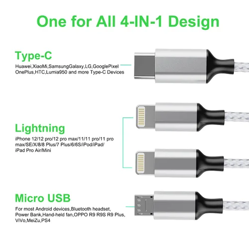 Vista 3 de Cable de carga universal para reloj inteligente 5 en 1 USB de 5.9 ft/6 pies, cargador de reloj magnético+Lightning2+tipo C+Micro USB nailon trenzado