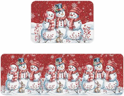 Vista 19 de Prime Leader Juego de 2 tapetes de cocina con diseño de muñeco de nieve de Navidad, copos de nieve, azul marino, antideslizantes, tapetes lavables