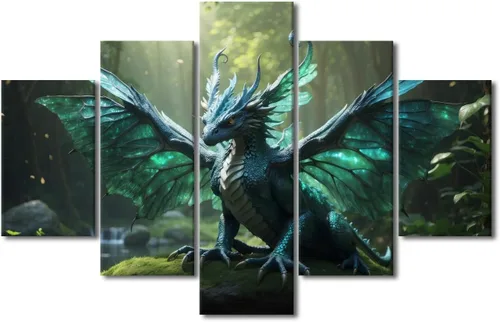 Vista 64 de Lienzo decorativo para pared de sala de estar, lienzo de dragón, 5 paneles, dragón verde, decoración de pared para el hogar, decoración de pared