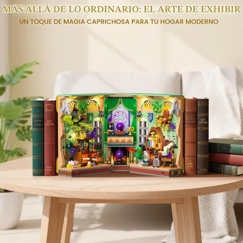 Vista 5 de Kit de construcción de rincón de libros con luces LED, 1033 piezas Magic Academy Booknook 3D modelo de casa en miniatura para estantería