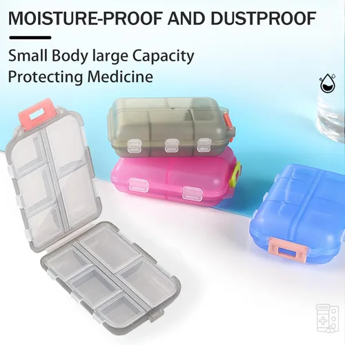 Vista 7 de Organizador de pastillas de viaje portátil, estuche pequeño para bolsillo, pastillero para bolso, organizador de medicinas con 10 compartimentos