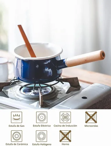 Vista 2 de Olla de leche esmaltada con doble salida de vertido, calentador de mantequilla, olla de leche para estufa, revestimiento interior esmaltado blanco