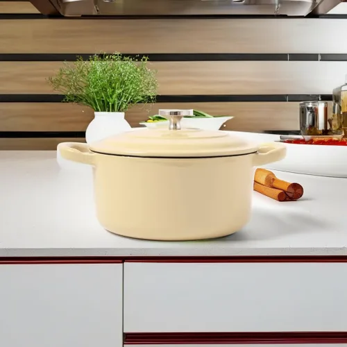 Vista 5 de RJ Legend Horno holandés de hierro fundido pre-sazonado de 1.9 cuartos de galón con asa, esmaltado, beige