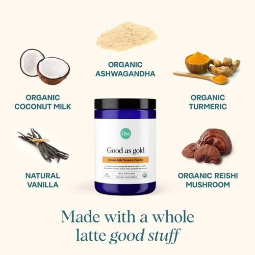 Vista 6 de Ora Organic Golden Milk Powder - Polvo de cúrcuma ayurvédica con adaptógenos orgánicos, Ashwagandha, Reishi y jengibre, orgánico, sin gluten, sin