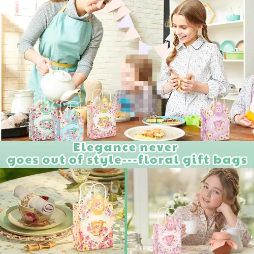 Vista 6 de Lincia Paquete de 24 bolsas de regalo de fiesta de té, decoraciones de tazas de té, bolsas florales para golosinas con asas y diseño de tetera
