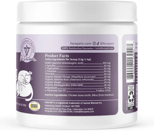 Vista 9 de Fera Pets Suplemento calmante para perros y gatos con probióticos, L-teanina y ashwagandha, apoya el alivio de la ansiedad, promueve la relajación