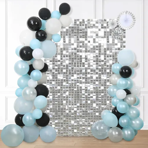 Vista 10 de 12 paneles cuadrados de lentejuelas brillantes para pared color azul claro (Baby Blue) telón de fondo decorativo para fiestas de bodas