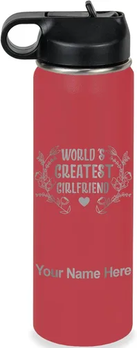 Vista 10 de LaserGram Botella de agua personalizada, World's Greatest Girlfriend, acero inoxidable de doble pared aislada al vacío con popote superior, regalo