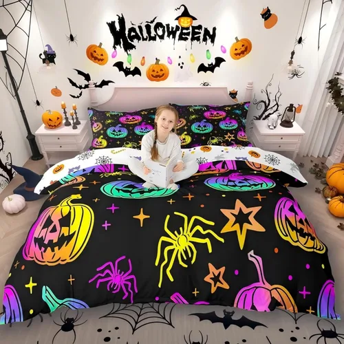 Vista 22 de Juego de ropa de cama de Halloween, funda de edredón gótica de murciélagos negros con telarañas, funda de edredón individual, diseño de arañas