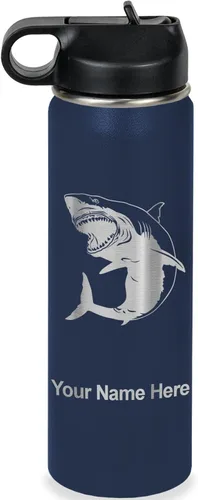 Vista 49 de LaserGram Botella de agua personalizada, gran tiburón blanco, acero inoxidable de doble pared aislada al vacío con popote superior, regalo grabado