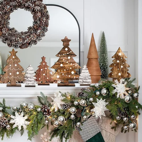 Vista 5 de 6 piezas de decoración de mesa de árbol de Navidad de madera, 6 tamaños, decoración de árbol de Navidad de madera independiente, letreros rústicos