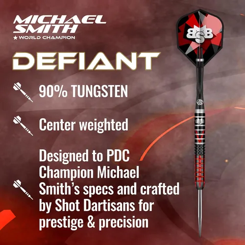 Vista 4 de Shot! Punta de acero para dardos, Michael Smith Defiant (0.81 oz/0.85 oz/0.88 oz/0.95 oz), 90% barril de tungsteno, peso central, juego de dardos