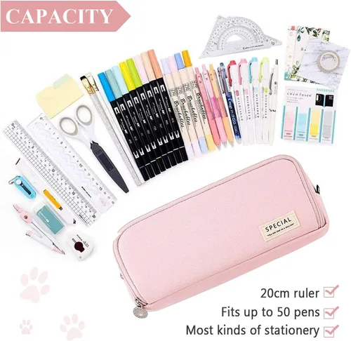 Vista 3 de Estuche para bolígrafos de gran capacidad con 3 compartimentos, bolsa de cosméticos de lona para mujeres y adultos, organizador de estudio y oficina