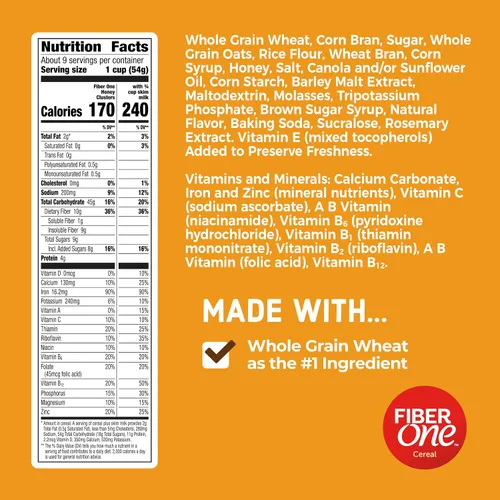 Vista 2 de Fiber One Honey Clusters Cereal de desayuno, cereal de fibra hecho con grano entero, 17.5 onzas