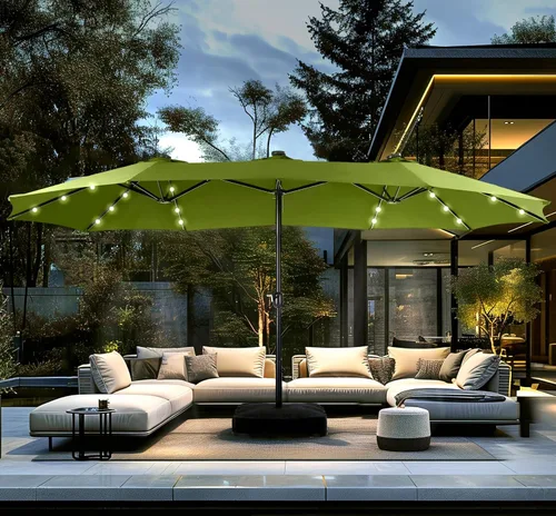 Vista 23 de PHI VILLA Sombrilla de patio grande de 15 pies con base y luces solares, paraguas rectangular de doble cara para exteriores con 36 luces LED, Beige