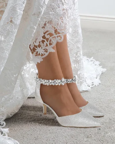 Vista 2 de Guayonng Zapatos de tacón bajo con diamantes de imitación de boda para mujer, zapatos de noche para novia nupcial