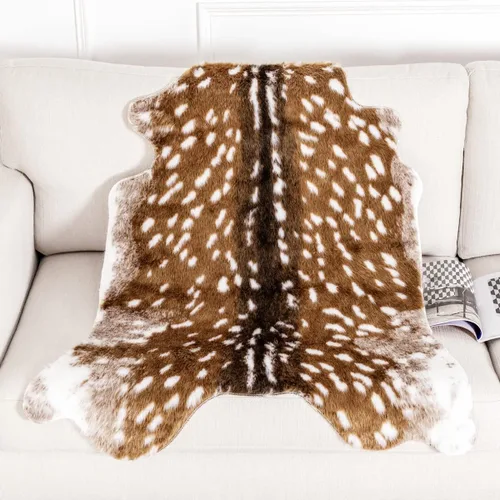 Vista 10 de Deer Rug - Tapete de piel de vaca sintética con estampado de ciervos Sika para sala de estar (6.1 x 5 pies)