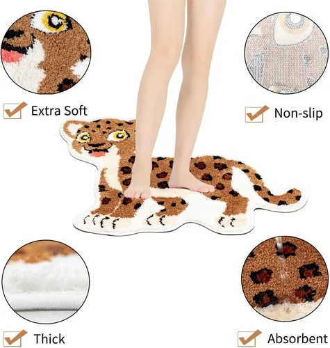 Vista 4 de Divertida alfombra de baño de leopardo marrón para baño, bonita alfombra de baño de dibujos animados de leopardo, antideslizante, absorbente