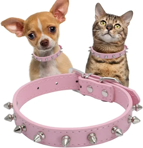 Vista 13 de Collares con púas para perros pequeños, collar de gato con punta de remache, collar de piel sintética con tachuelas, collar para cachorros