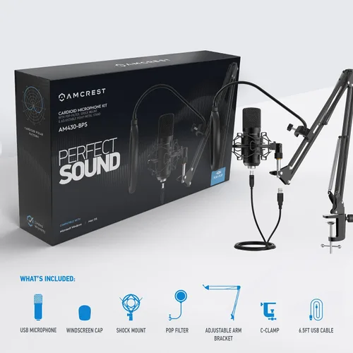 Vista 5 de Amcrest Micrófono USB para grabaciones de voz, podcasts, juegos, conferencias en línea, transmisión en vivo, micrófono cardioide con brazo de brazo