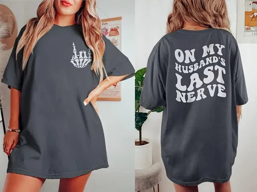Vista 5 de SUPEYA On My Husband's Last Nerve - Camiseta de gran tamaño con texto en inglés "Wife Life", camisetas divertidas y sarcásticas gráficas casuales