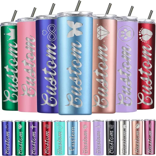 Vista 15 de Vasos delgados personalizados con tapas y pajitas, vaso delgado de acero inoxidable grabado con láser, vasos personalizados con nombre de 20 onzas