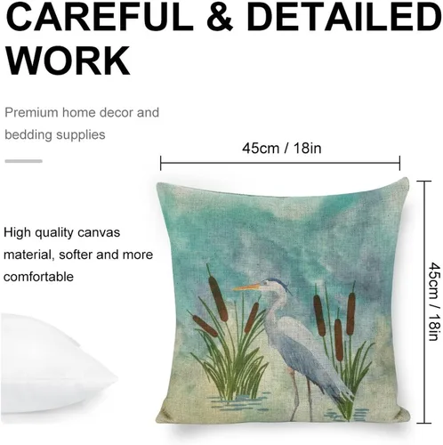 Vista 2 de Fundas de almohada decorativas de 18 x 18 pulgadas, acuarela azul garza cuadrada de lino, funda de cojín para sofá