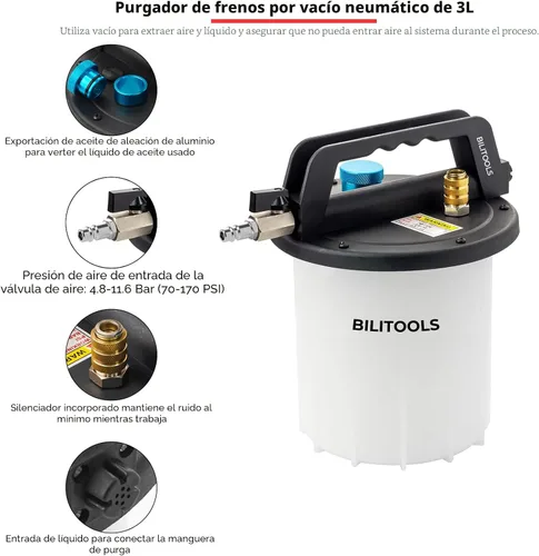 Vista 4 de BILITOOLS Kit de bomba de vacío de purga de líquido de frenos de 3 L, herramienta extractora de líquido de embrague para sistema de frenos neumático